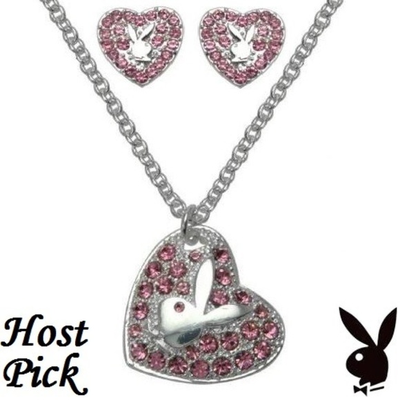 Playboy Jewelry Set Necklace Earrings Pink Heart - Picture 2 of 7